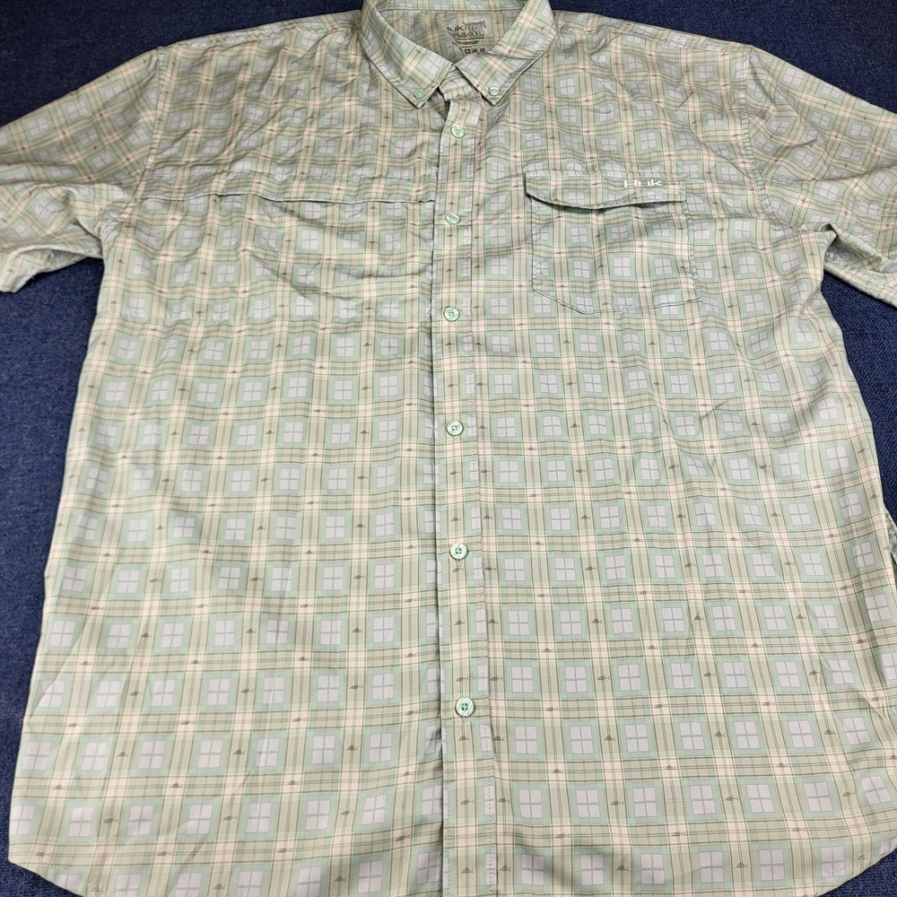 Huk Mens XXL Performance Fishing Shirt Green Plaid Short Sleeve Vented Button Up